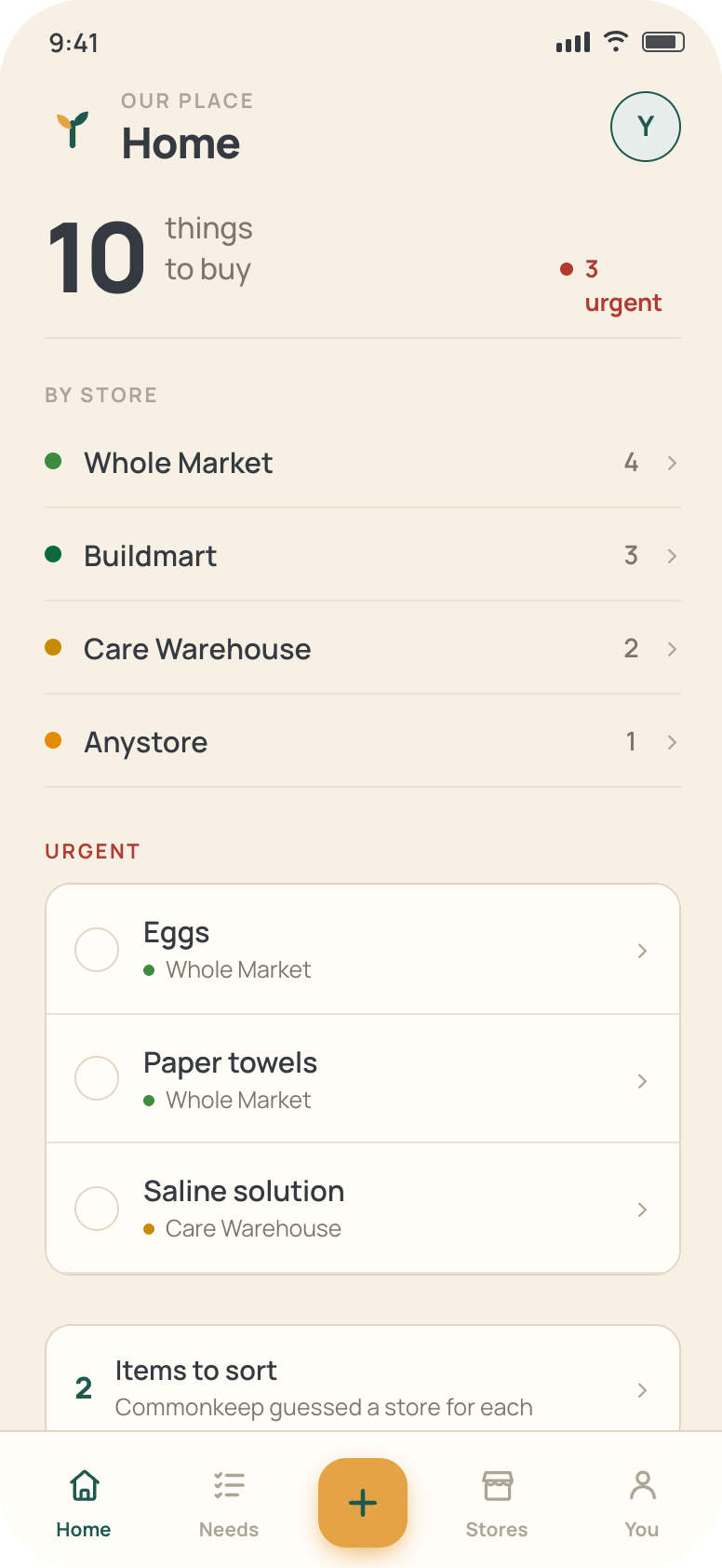 Commonkeep home screen showing a shared household list grouped by store