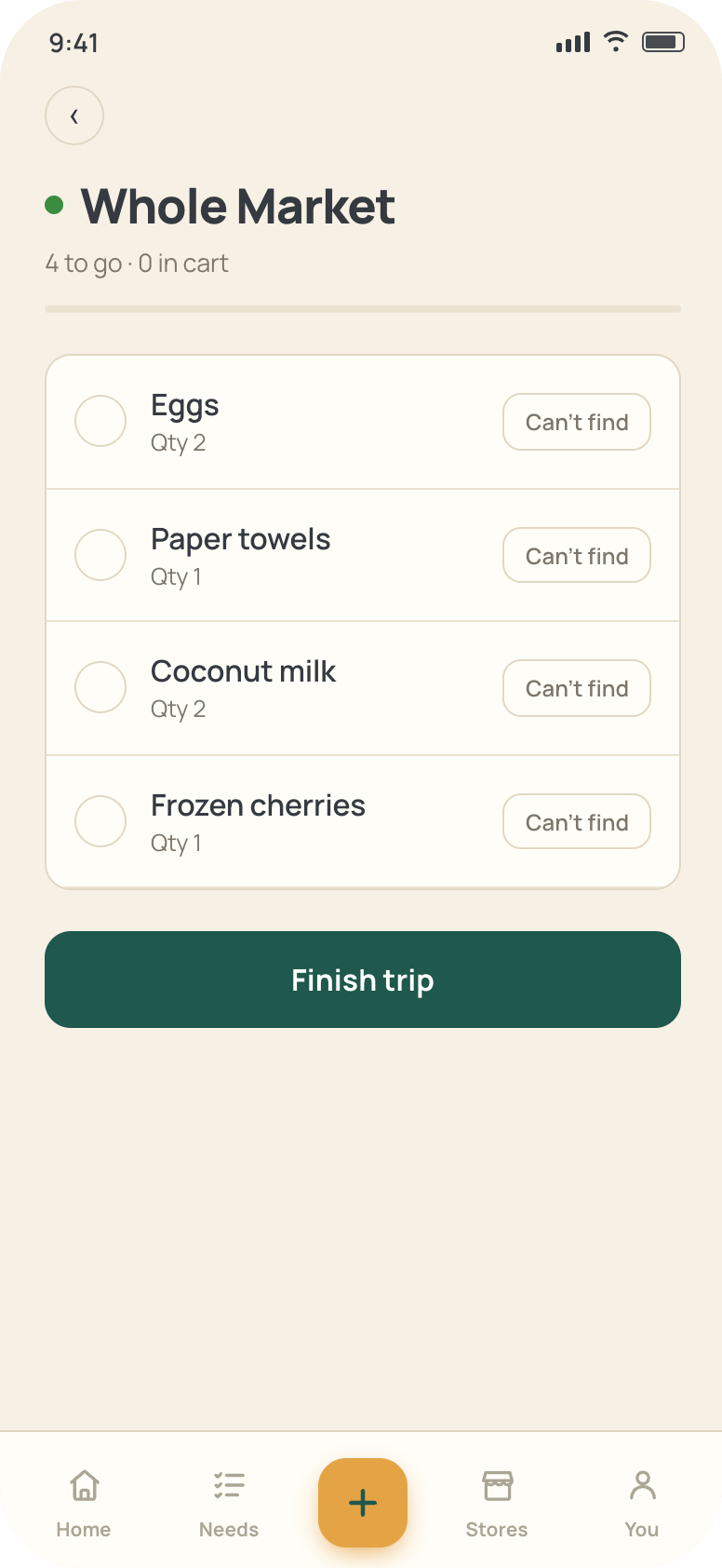 Commonkeep trip mode showing only the items needed from one store